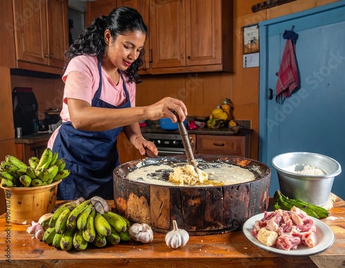 Woman preparing traditional Ecuadorian dish Fanesca in a rustic kitchen setting.