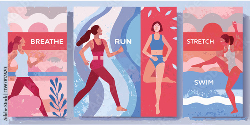 Illustrated panels showcase women engaged in various fitness and wellness activities