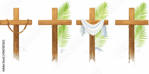 Four wooden crosses with palm leaves representing religious symbolism
