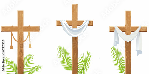 Three wooden crosses with draped fabric and palm leaves below
