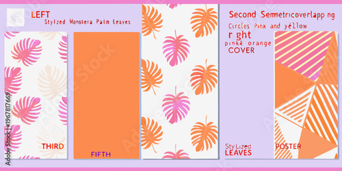 Colorful patterned rectangles with tropical leaves and geometric shapes