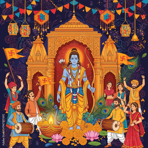 Hindu God Krishna Festival Celebration Scene.