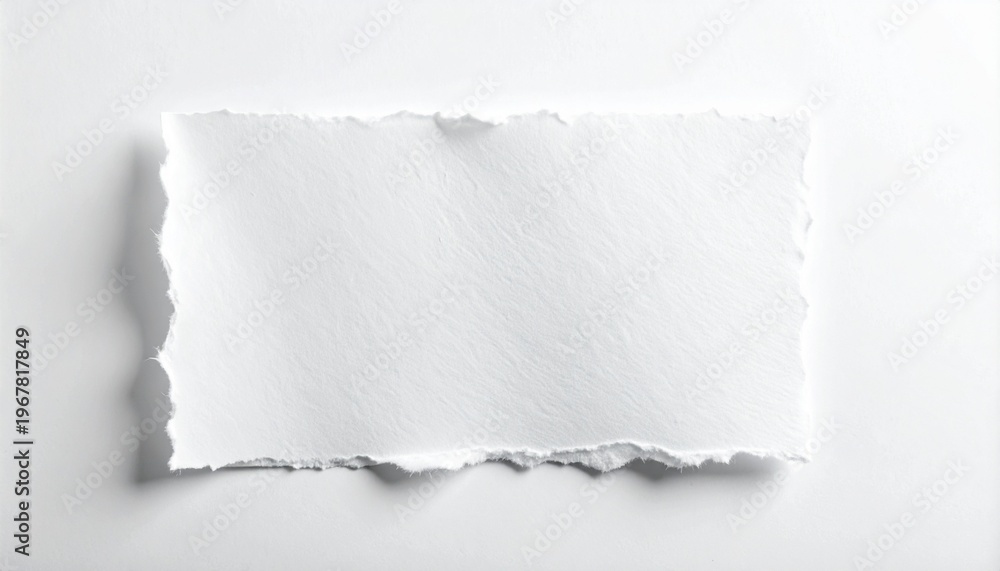 Obraz premium A blank, torn piece of white paper with a rough, frayed edge casting a subtle shadow on a plain white background, ready for creative use
