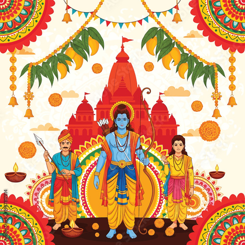 Hindu God Blue Krishna Standing With Devotees.