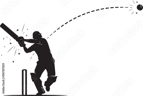 Cricket player silhouette hitting ball with sparks