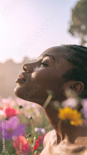 Young Black woman enjoying nature in a vibrant flower field.