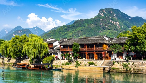 A serene river scene with traditional buildings and lush greenery (1)