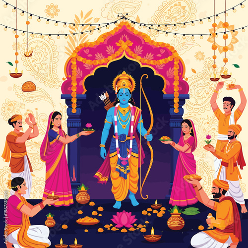 Hindu god Rama with worshippers celebrating.