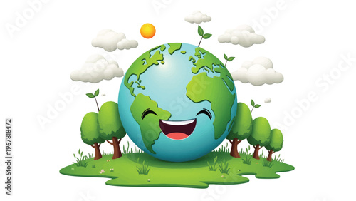 Happy Earth, green planet, eco friendly, cartoon globe, smiling world