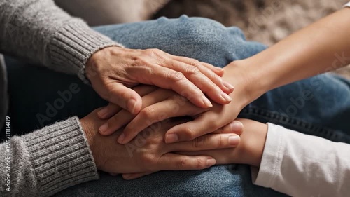 Two generations of hands, an older person's hand resting gently on a younger person's hand, symbolizing connection and support