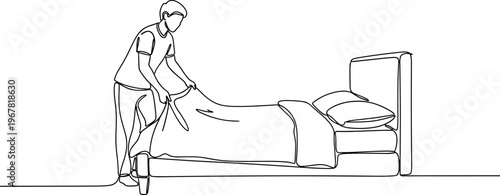 Person Making Bed with Pillow.