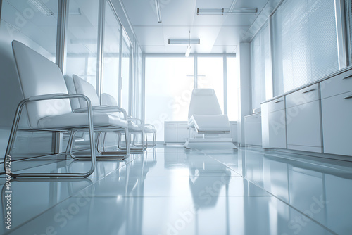 Minimal Waiting Corridor with Chairs and Soft Daylight in Contemporary Clinic