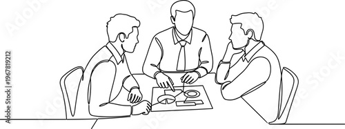 Three men in business meeting discussion.