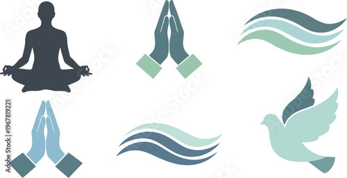A focused set of spiritual and peaceful icons features a meditating human silhouette, two pairs of praying hands, stylized wave patterns, and a dove symbol.