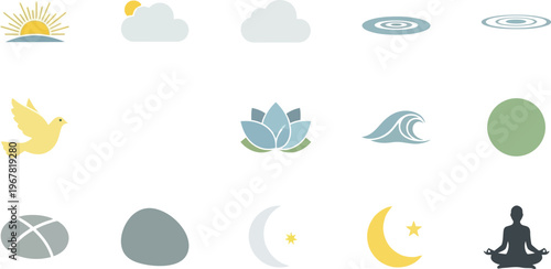 A diverse collection of minimalist flat design icons represents elements of nature, spirituality, and wellness, including sun, clouds, water, and a meditating figure.