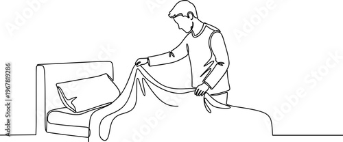 Man making a bed alone slowly.