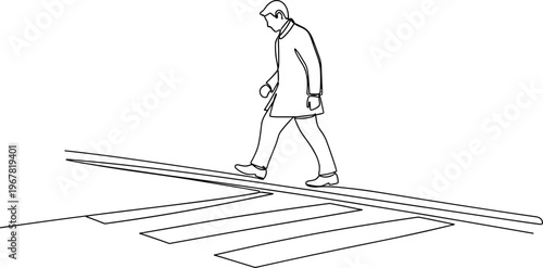 Man walking on crosswalk lines alone.