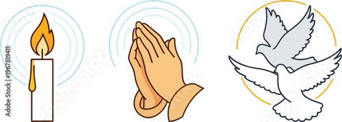 A single lit candle and clasped praying hands accompanied by two flying doves, symbolizing hope, prayer, and peace.