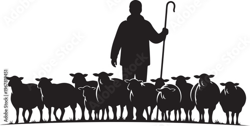 Shepherd with flock of sheep in silhouette black