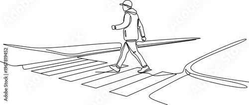 Man crossing street with backpack on.