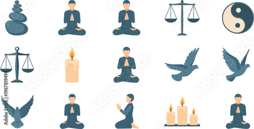 A compilation of icons related to peace and mindfulness, showcasing meditating figures, balanced stones, scales of justice, and doves.