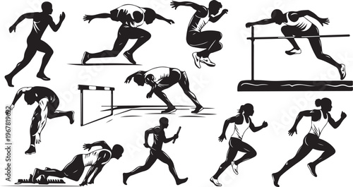 Athlete Running and Jumping in Various Dynamic Poses Silhouette Illustration