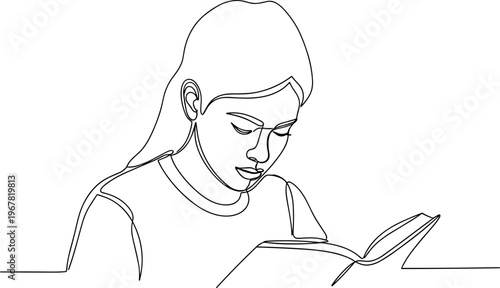 Woman reading a book intently alone.