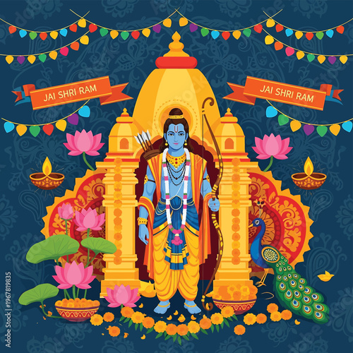 Hindu God Statue With Ornate Temple.