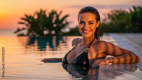 Woman relaxing in pool at sunset