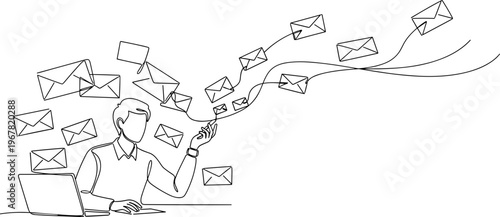 Man overwhelmed by flying emails.