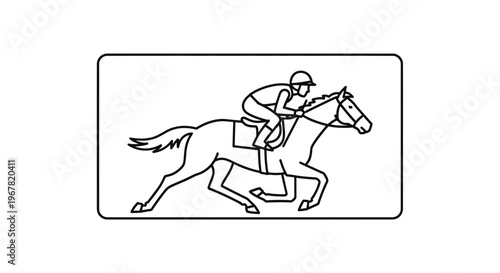 Dynamic line art illustration of a jockey riding a racehorse at full speed showcasing equestrian