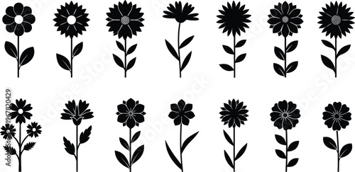 Professional Flower Silhouettes Vector Set Featuring Minimalist Black Daisy and Sunflower Shapes Isolated on White Background for Floral Designs