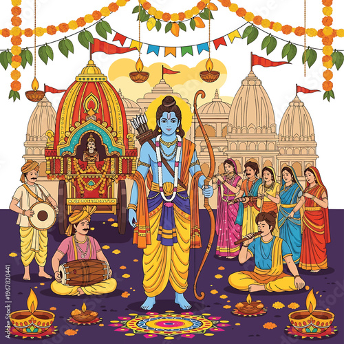 Hindu God Krishna with Devotees Celebrating Festival.