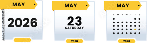 May 23 2026 Saturday Calendar Icon Set Highlighting Specific Weekday Date with Monthly Grid View and Yearly Planner Graphic Elements for Digital Scheduling and Events