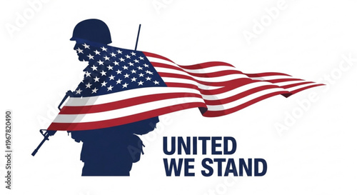 A patriotic vector graphic of a soldier with an American flag and the words 'UNITED WE STAND'