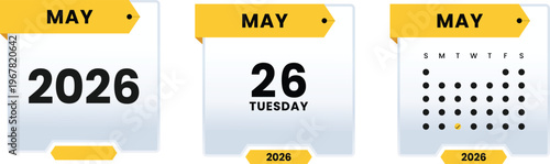 May 26 2026 Tuesday Calendar Icon Set Highlighting Specific Weekday Date with Monthly Grid View and Yearly Planner Graphic Elements for Digital Scheduling and Events