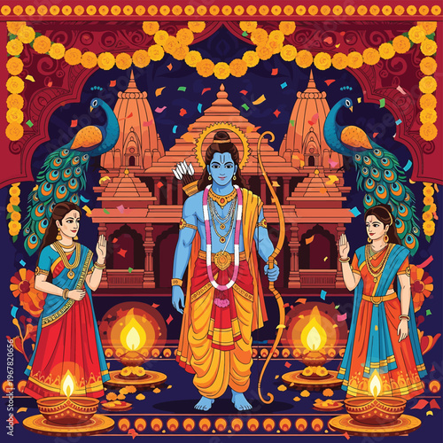 Hindu God Krishna with Two Women.