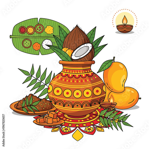 Traditional Indian Puja Ceremony Items Displayed.