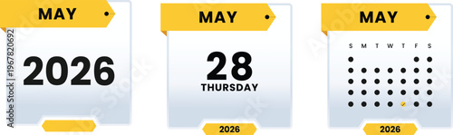 May 28 2026 Thursday Calendar Icon Set Highlighting Specific Weekday Date with Monthly Grid View and Yearly Planner Graphic Elements for Digital Scheduling and Events
