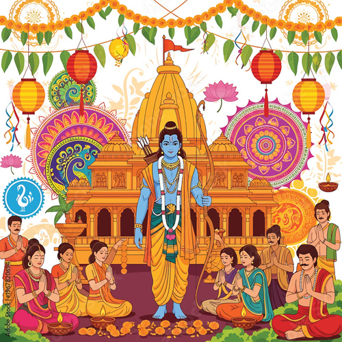 Hindu God Krishna with devotees celebrating.