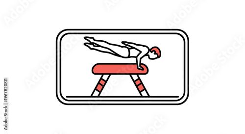 Clean minimalist illustration depicting a gymnast's balanced pose on a vaulting horse, symbolizing