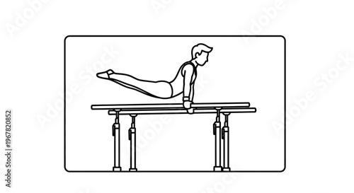 Dynamic illustration of a male athlete showcasing immense strength and perfect balance on parallel