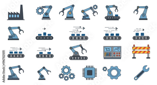 Industrial Automation Icons: Robotic Arms, Conveyors, Factory, Gears, CPU, Wrench