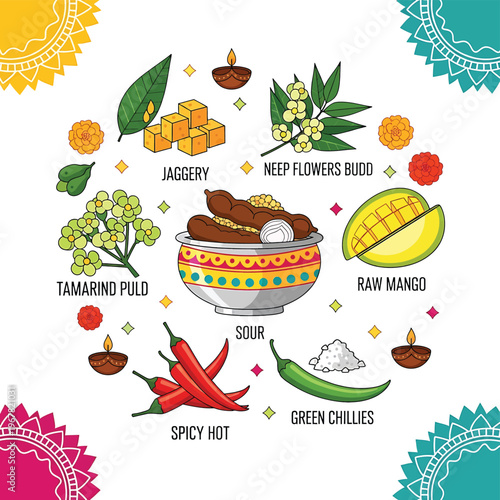 Indian Food Ingredients Colorful Illustration.