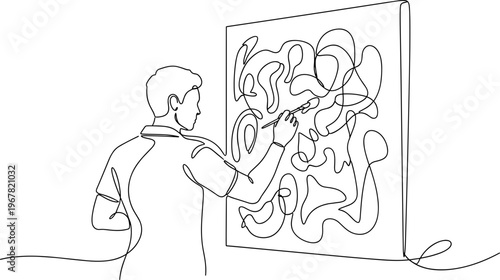 Man creating abstract art with brush.