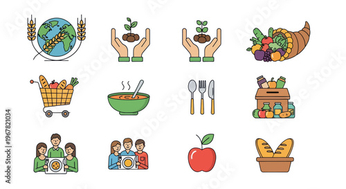 Food Icons Set: Agriculture, Healthy Eating, Family Meals, and Harvest