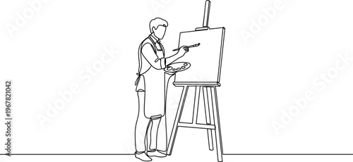 Man painting on large canvas board.