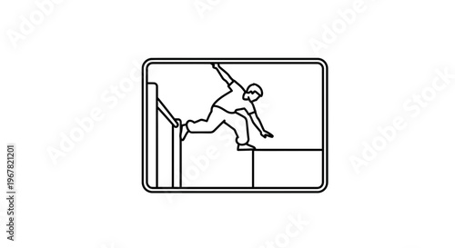 Dynamic line art illustration depicting a person engaged in parkour vaulting over urban obstacles