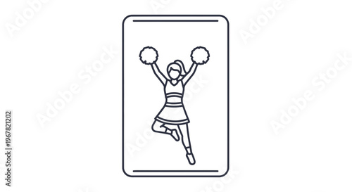 A dynamic line art illustration of an energetic cheerleader leaping with pom-poms inside a clean