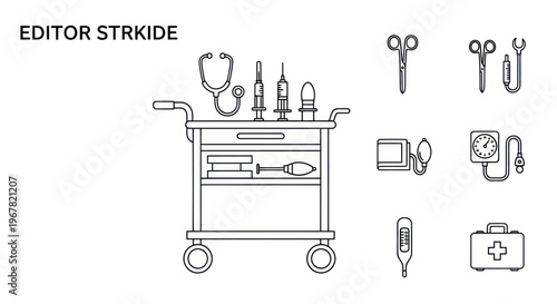 Medical Equipment Cart and Tools Line Art Icons